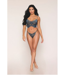 Bustier dentelle florale et résille avec strass et string assorti - DG13492BLU